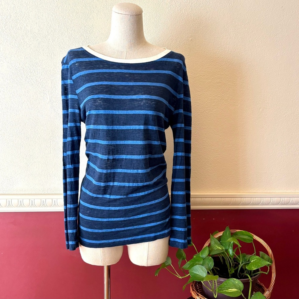 Dylan 100% Linen Stripe Long Sleeve Top Blue Ringer Crew Neck Size M Lightweight